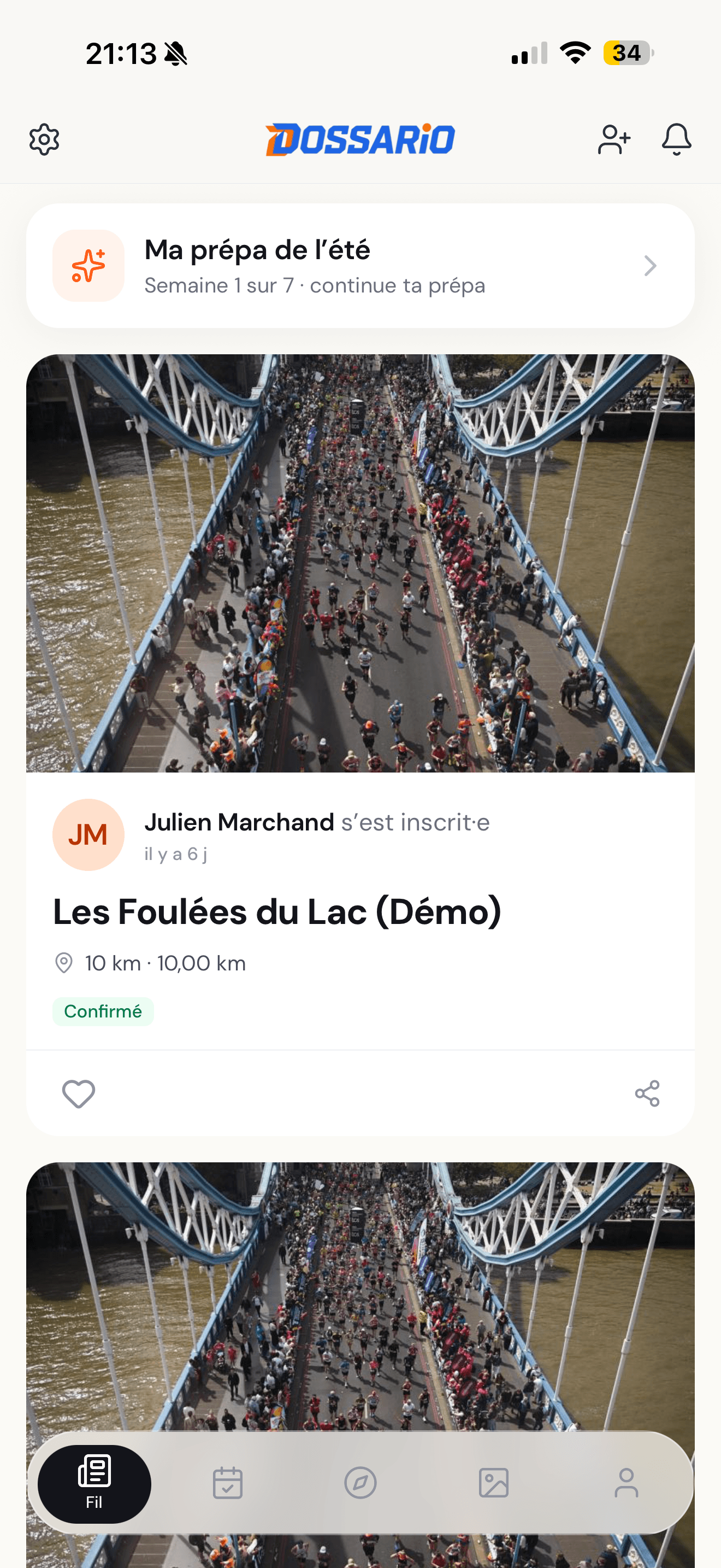 Écran Fil de l'app Dossario : inscriptions et temps des coureurs suivis